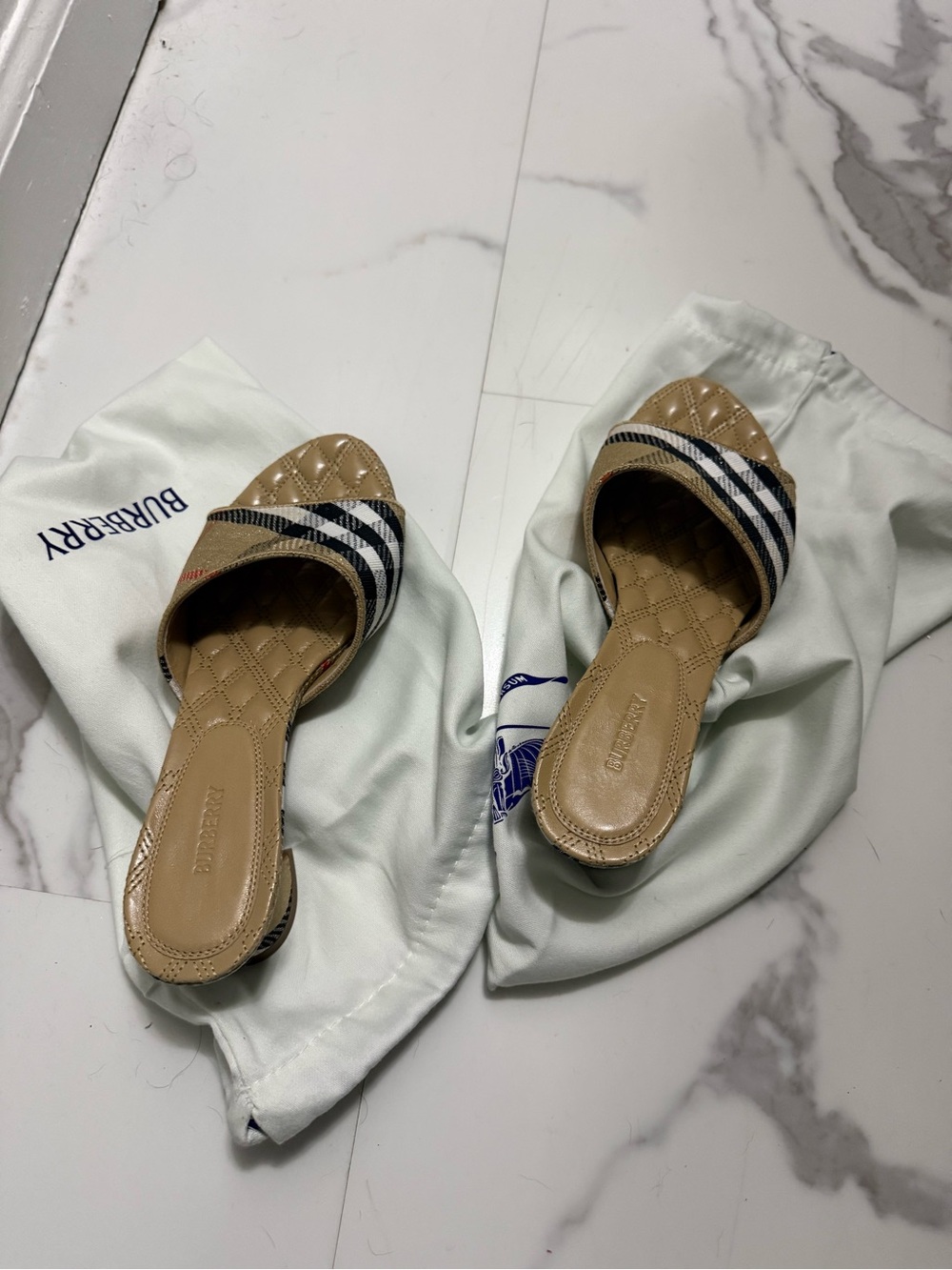 Burberry Tan Quilted Slide Mules with Black & White Check Strap